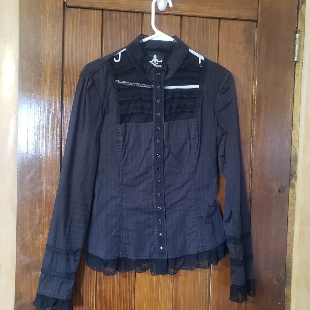 Pinstripe stretch cotton goth black crystal snap shirt